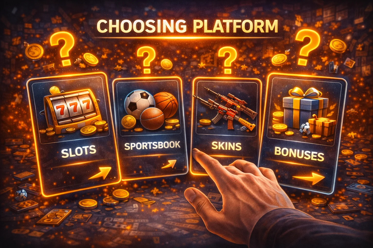 Choosing platform illustration with decision cards, icons for slots, sportsbook, skins, and bonuses