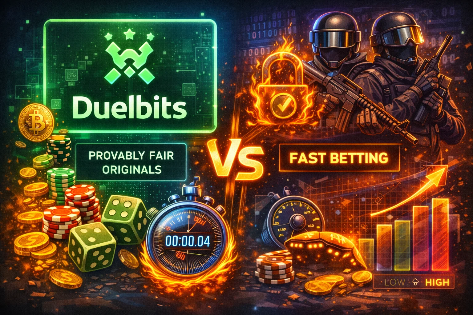 Duelbits comparison illustration with provably fair originals and fast betting theme