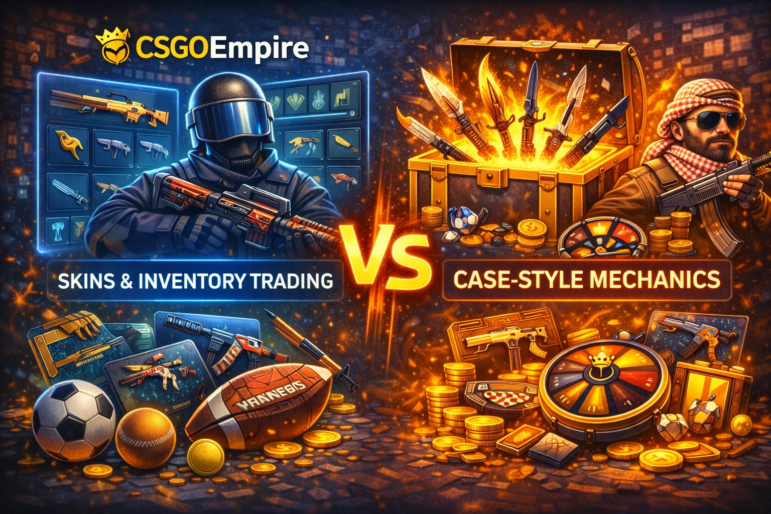 CSGOEmpire comparison illustration with skins, inventory trading, and case-style mechanics theme