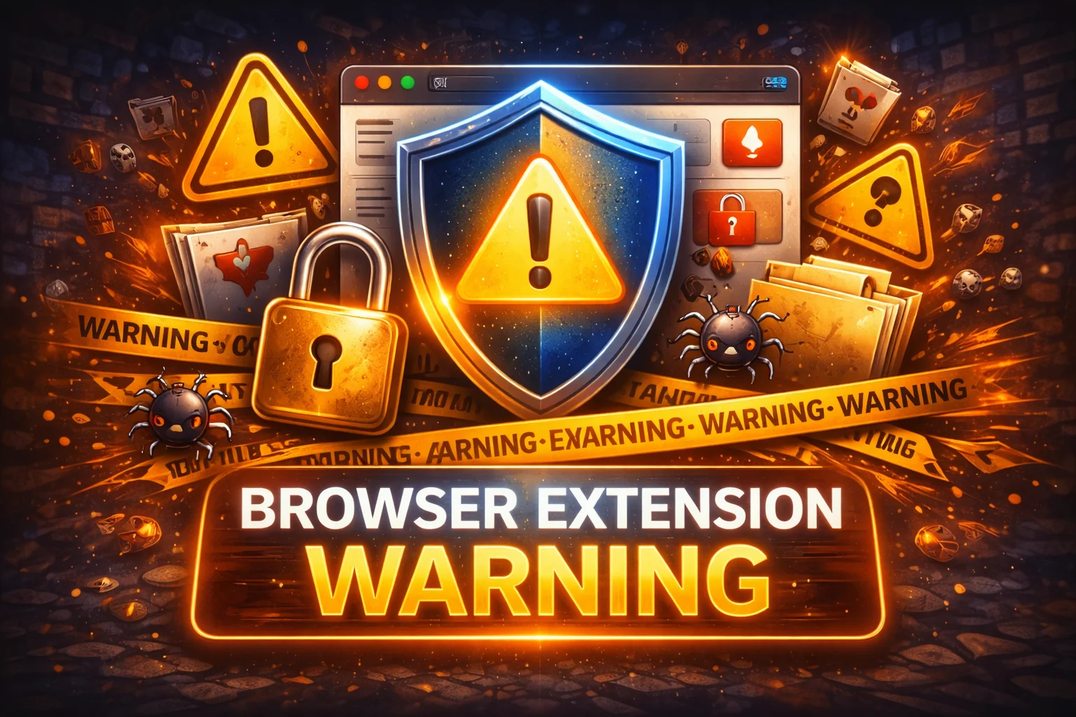 Browser extension warning illustration with shield, lock icon, and caution elements