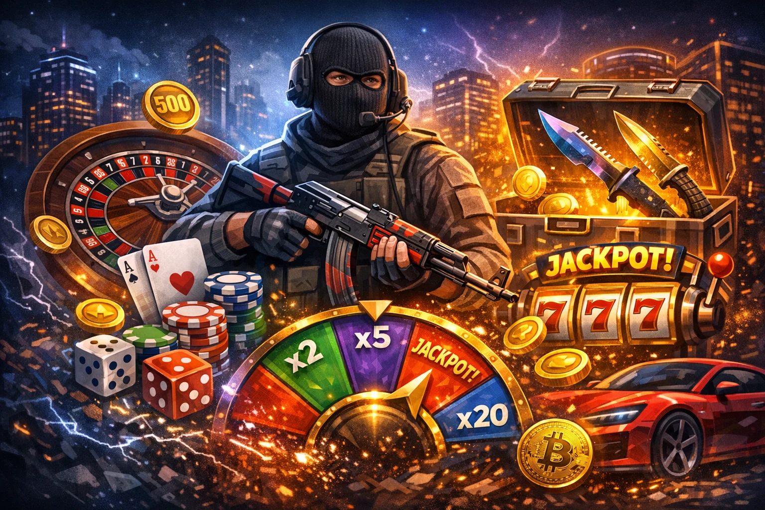 500 casino app page hero illustration: smartphone with casino interface, bonus chips and secure login