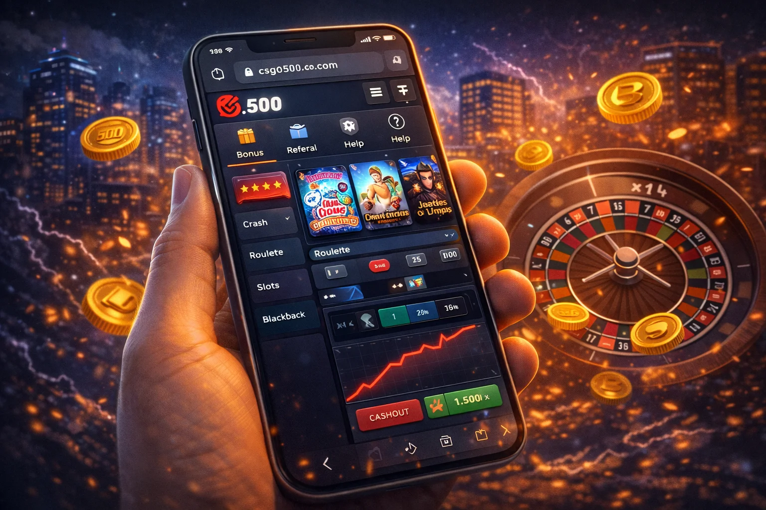 Mobile browser gameplay illustration: responsive casino layout with menus and games on smartphone