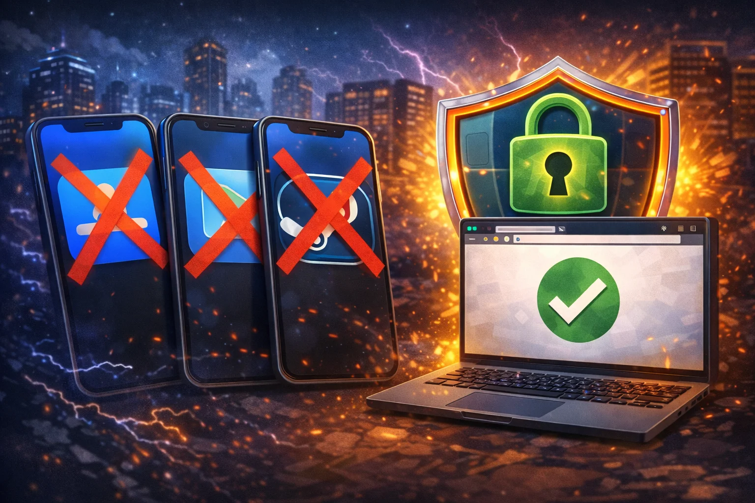 No official app illustration: app store icons crossed out with secure browser alternative