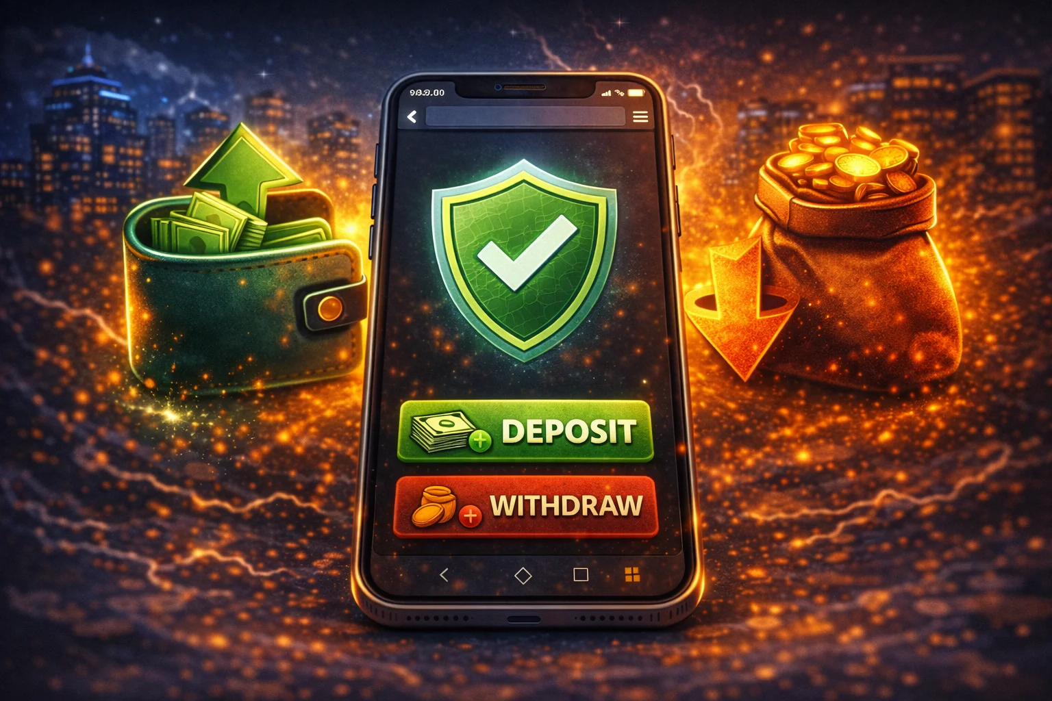 Mobile payments illustration: secure deposit and withdrawal flow with confirmation checkmark