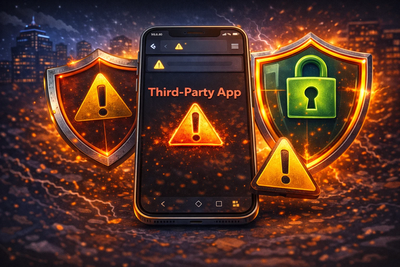 Third-party app warning illustration: shield, lock, and caution symbols around a smartphone