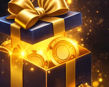 Promo code visual: welcome bonus gift box and golden chips