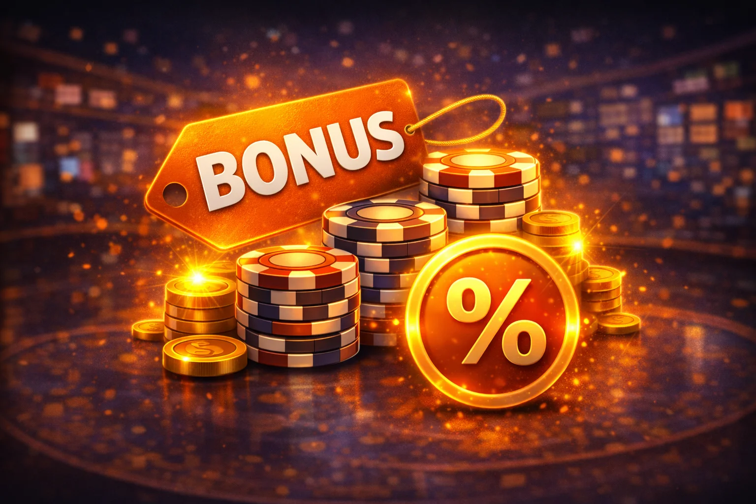 Deposit bonus illustration: bonus tag, stacked chips, percentage badge, and reward glow