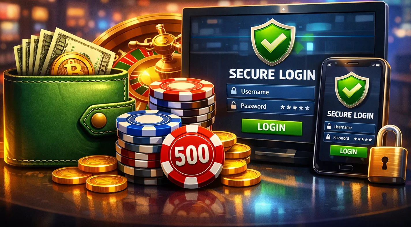 500 Casino deposit guide hero illustration: wallet, casino chips, secure login on desktop and mobile