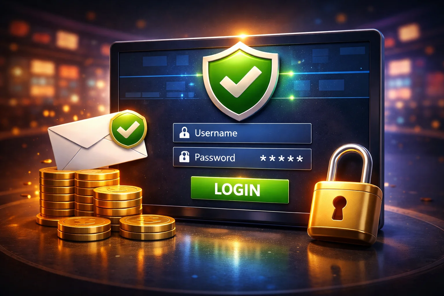 Login illustration: secure sign in form, account verification checkmark and lock icon