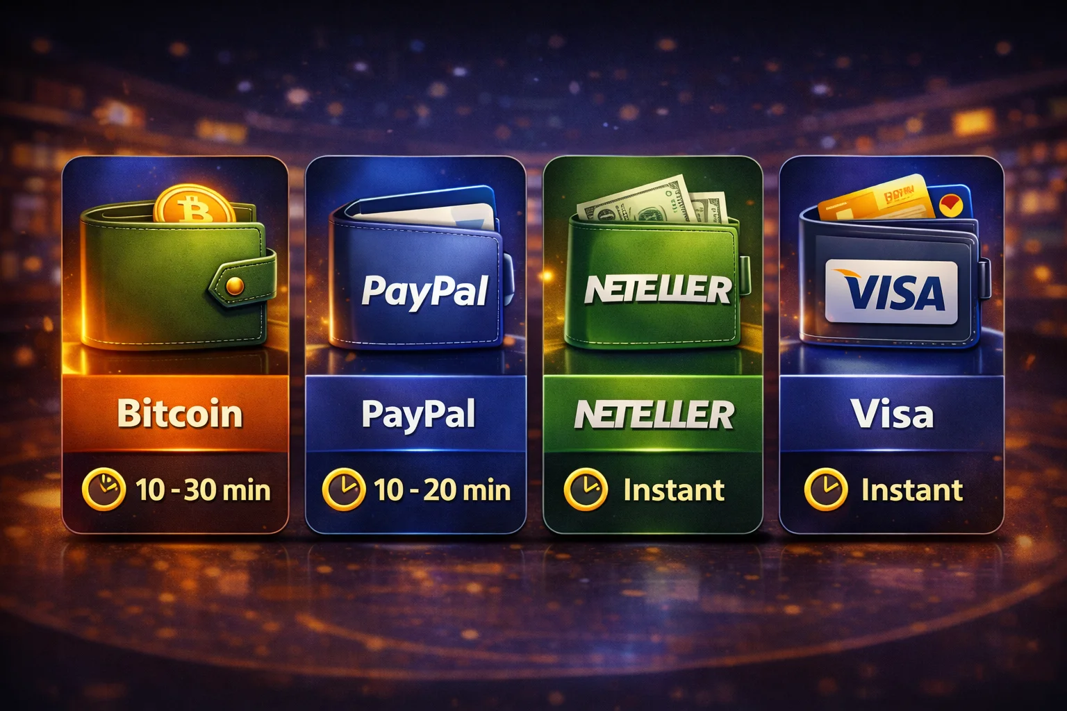 Payment methods illustration: wallet icons, card-like tiles, and processing time indicators