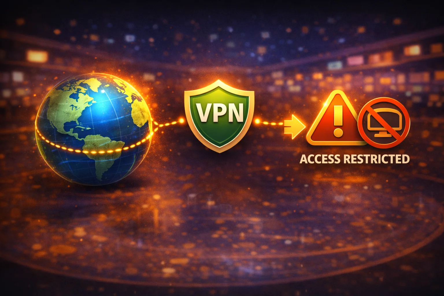 VPN illustration: globe, shield, connection route line, and access restriction warning