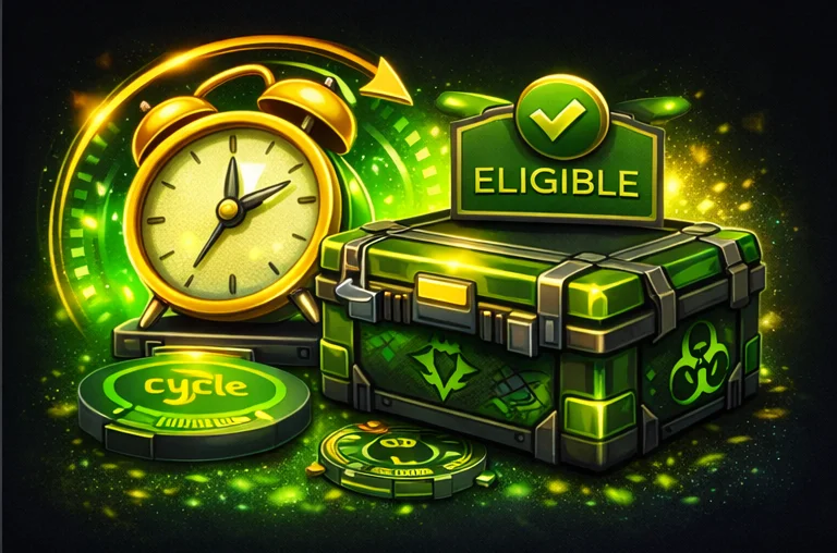 Daily case illustration with timer, reset cycle, eligibility badge and reward case