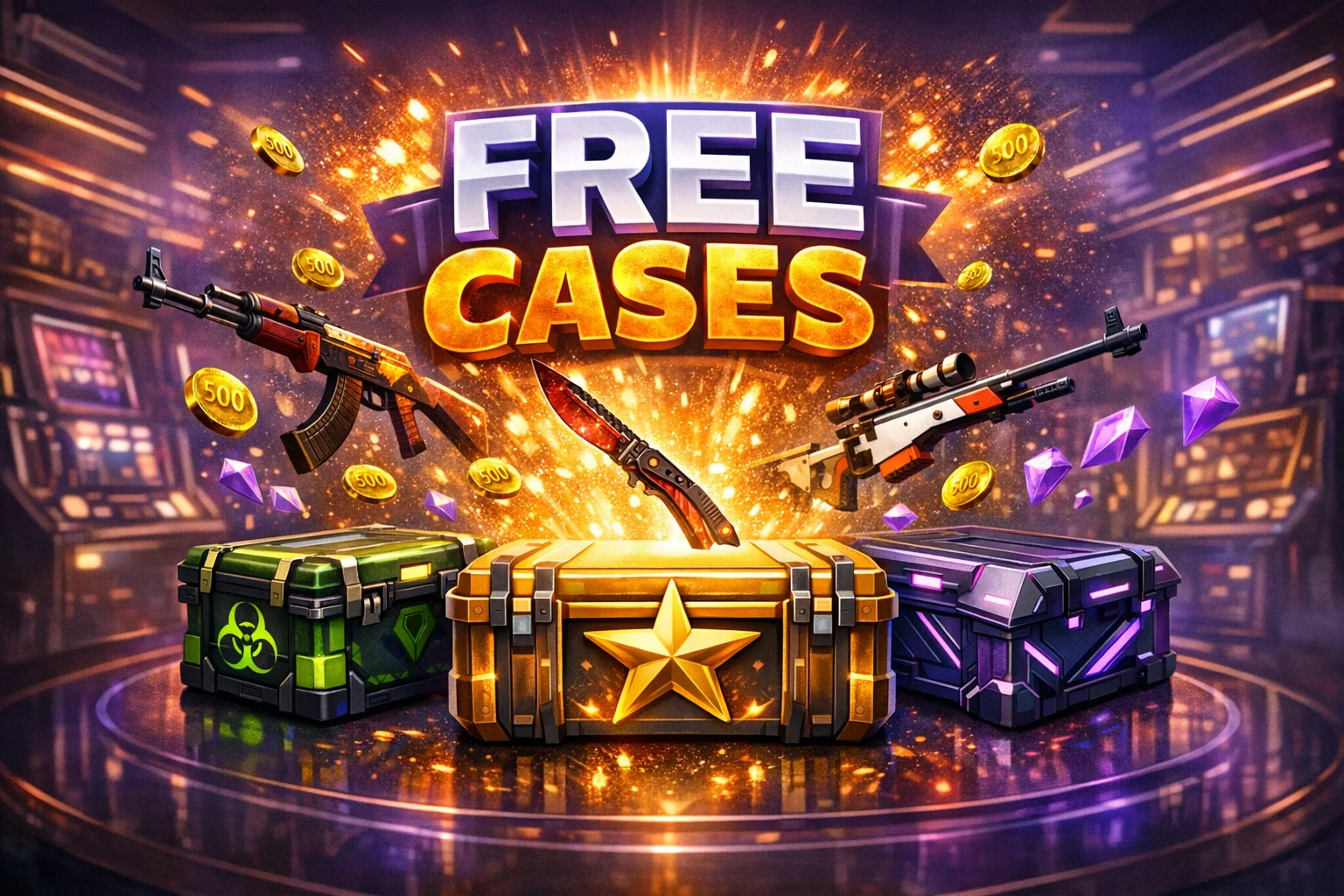 CSGO500 free cases hero illustration with daily reward case, timer and bonus glow