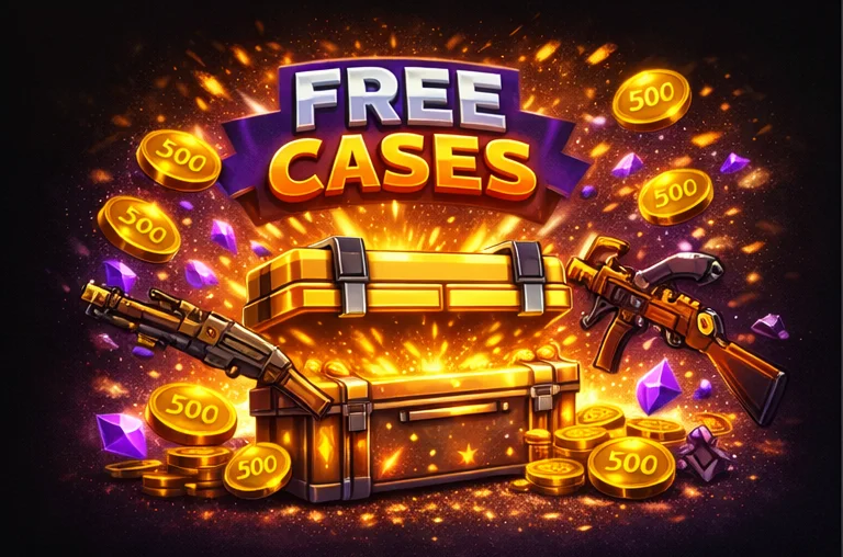 Free cases explanation illustration with promotional case, reward icons and low to mid-tier prize concept