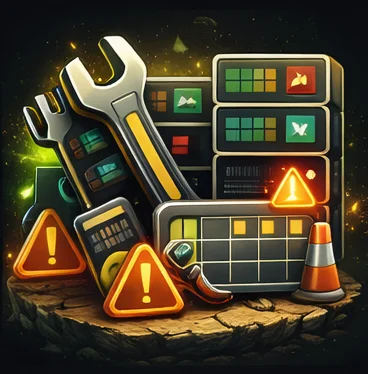 Downtime illustration: maintenance tools, status indicator, network region issue icons and scheduled update concept