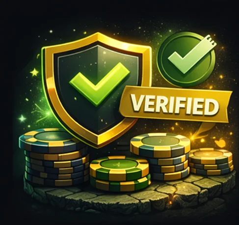 Final verdict illustration: verified badge, responsible play and trust signals with casino chips