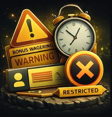 Scam concerns illustration: bonus wagering warning, verification delay clock, rule violation restriction badge