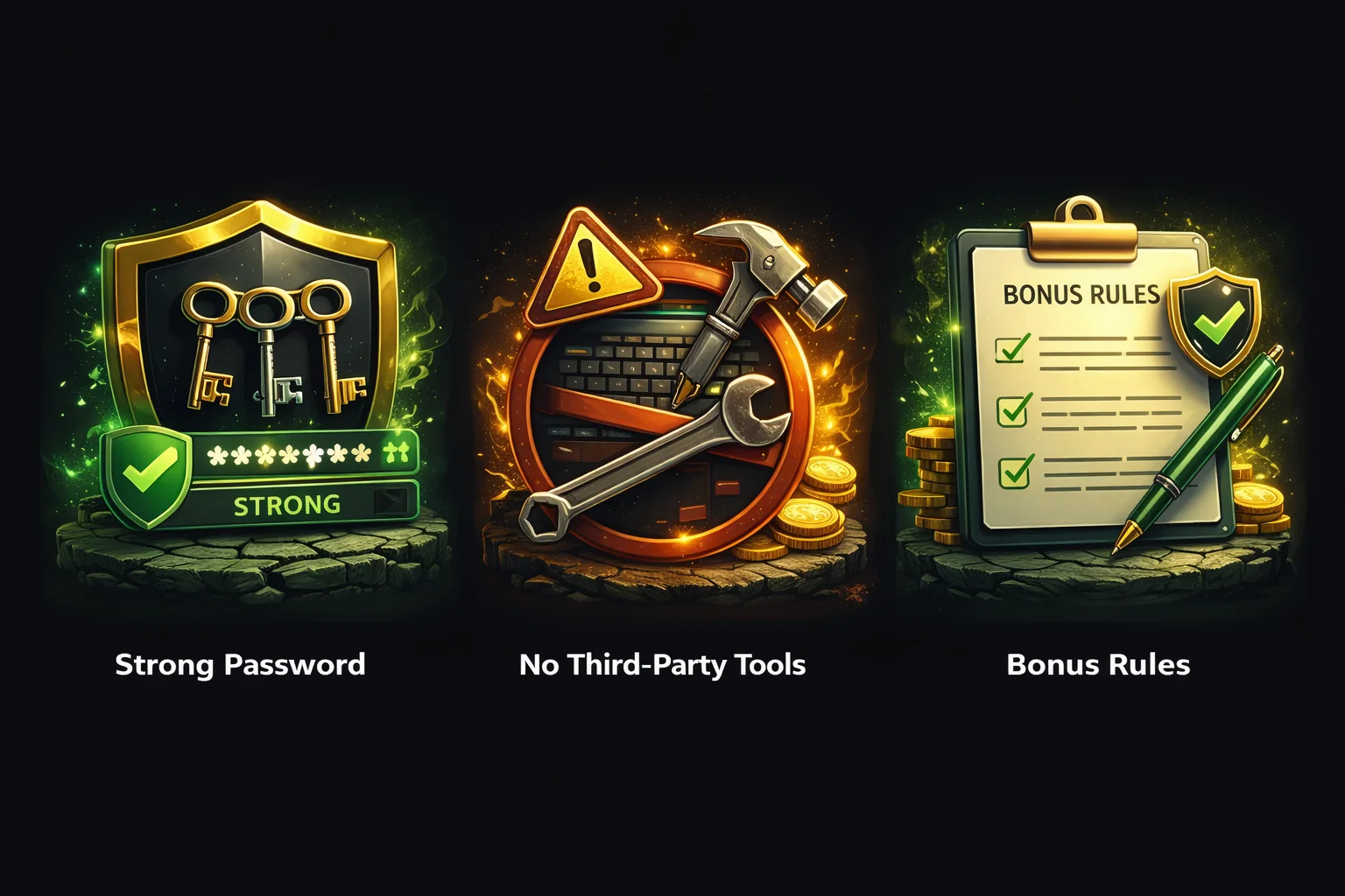 Security illustration: strong password keys, no third-party tools warning, bonus rules checklist