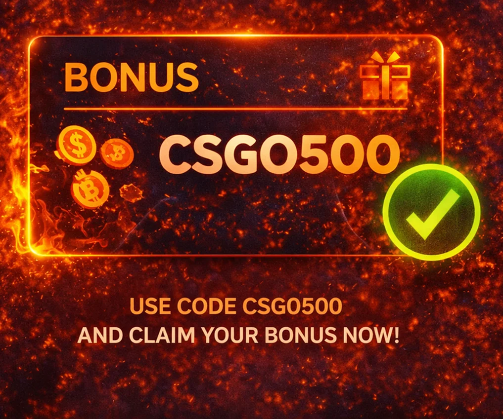 CSGO500 promo code hero illustration with bonus card, chips, free spins and casino interface