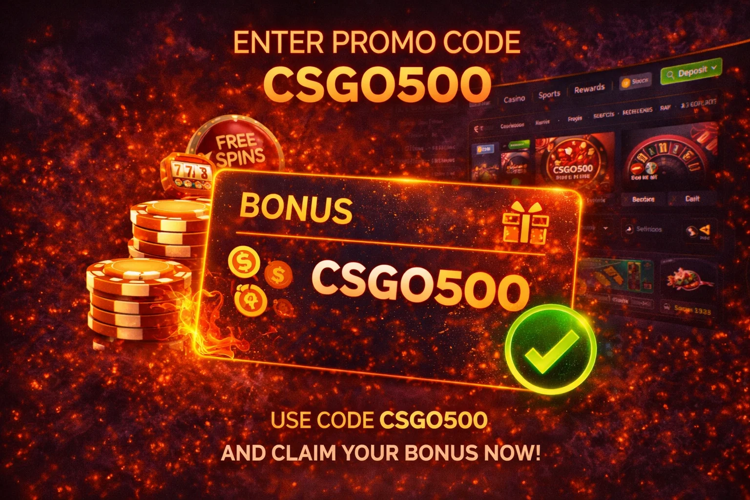 Illustration showing final call to action for CSGO500 promo code with bonus card and secure checkmark