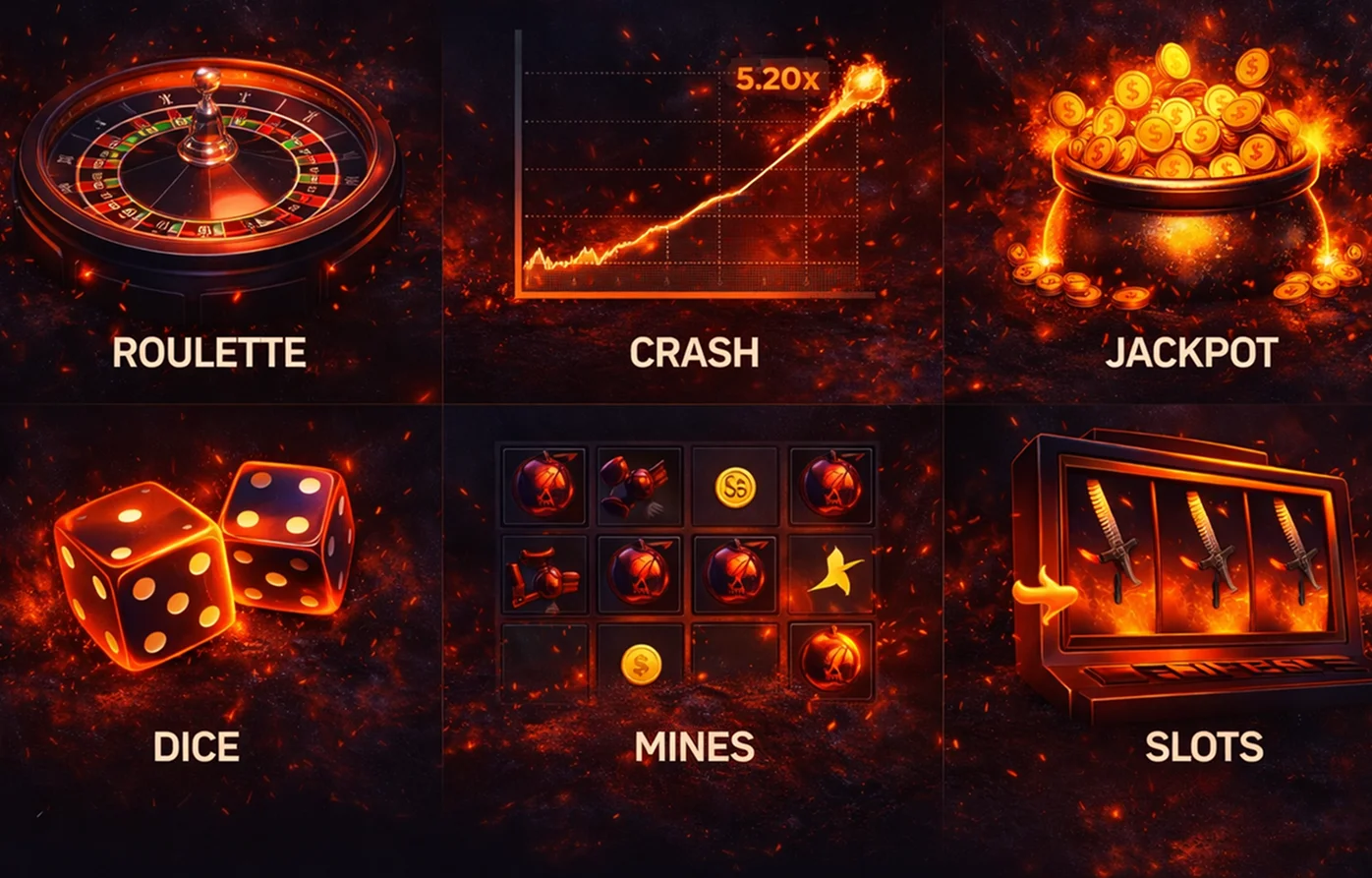 Illustration of CSGO500 game modes including roulette, crash, jackpot, dice, mines and slots