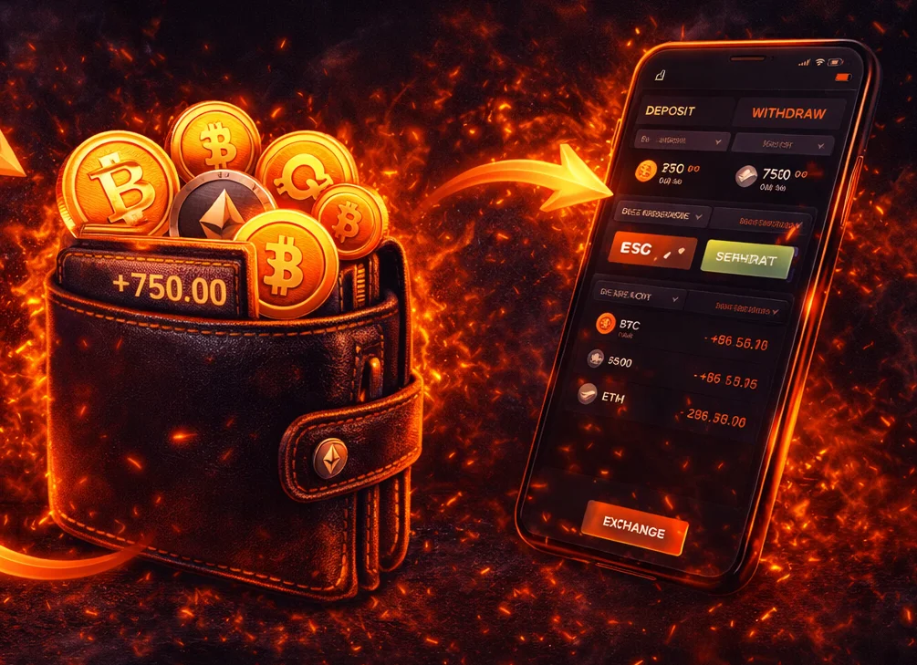 Illustration of CSGO500 payments and withdrawals with crypto coins, wallet and transaction flow