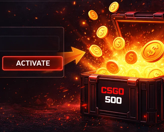 Illustration showing CSGO500 promo code concept with registration, rewards field and bonus activation