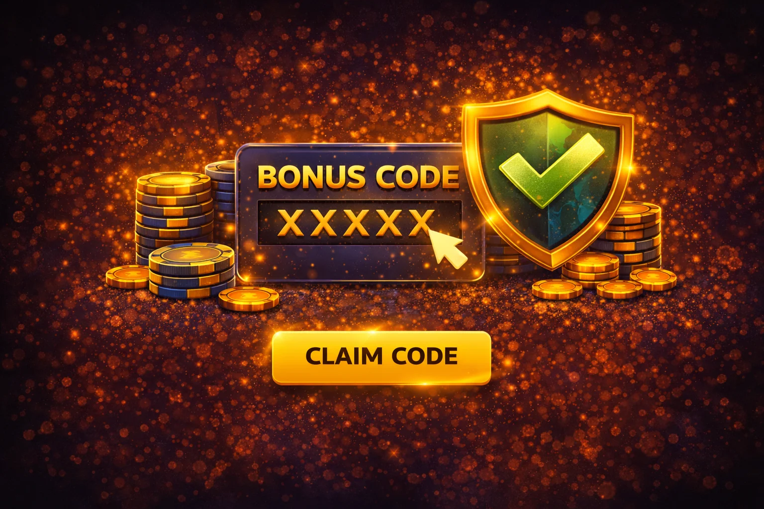 Illustration: call to action to claim promo code with chips, bonus card and secure checkmark