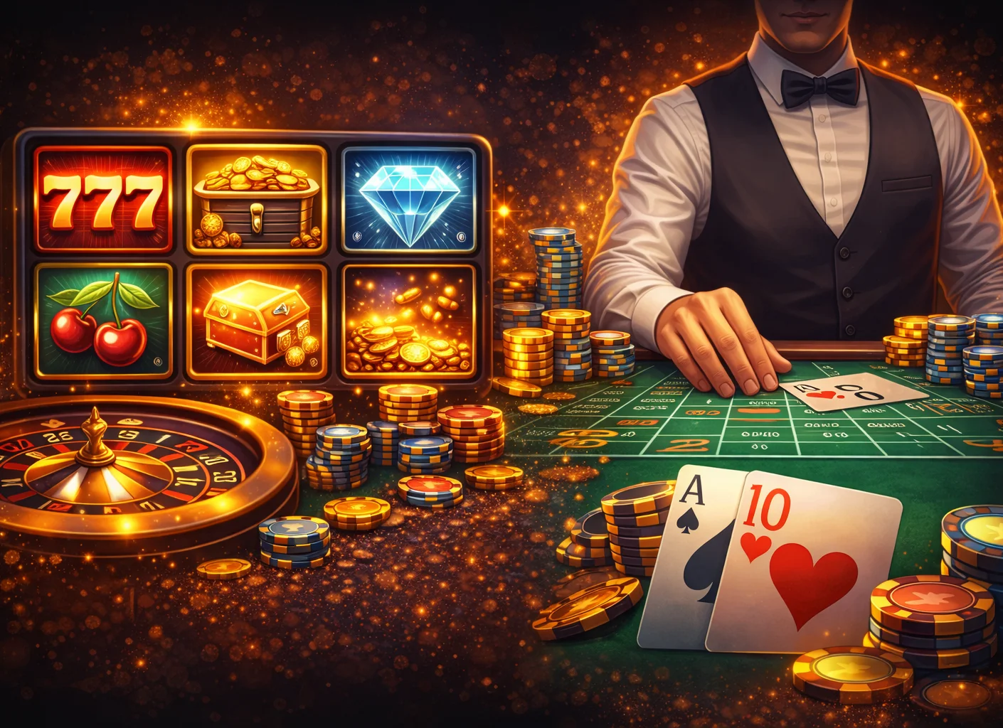 Illustration: slot tiles grid and live dealer table, roulette and blackjack elements