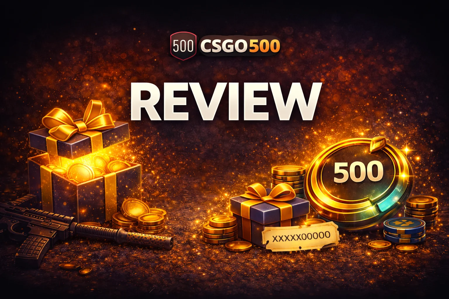 500 Casino review hero illustration: casino UI panels, slots tiles, chips and bonus glow