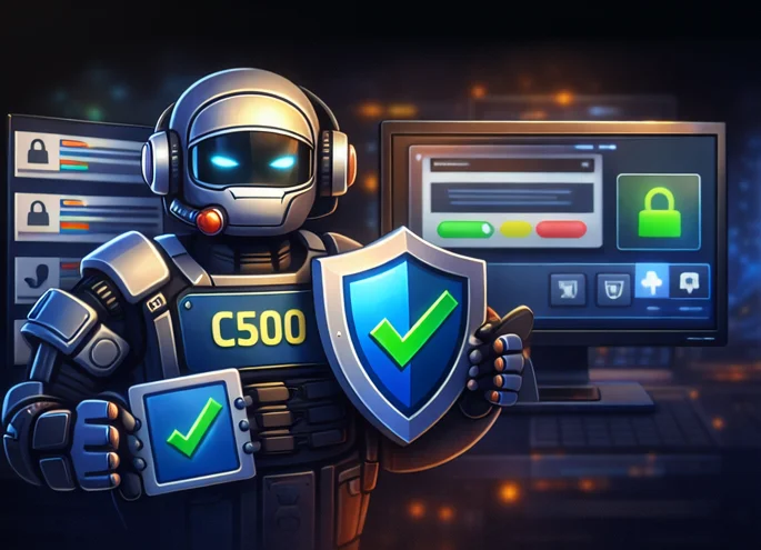CSGO500 bot illustration showing automated verification, queue processing and security checks