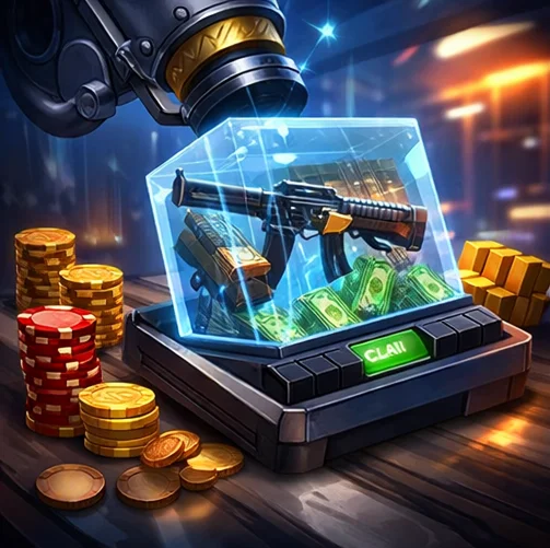 Gift card withdrawal illustration showing gift card selection, confirmation and delivery icons