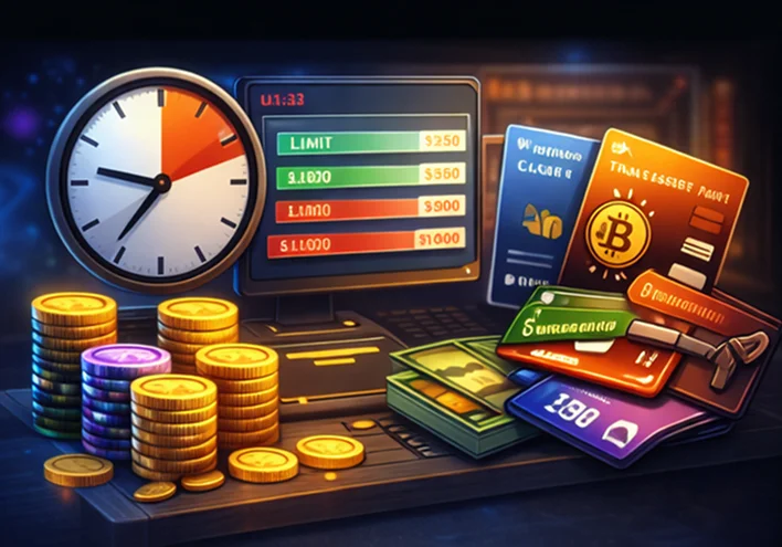 Withdrawal limits and processing time illustration with timers, limit thresholds and method cards
